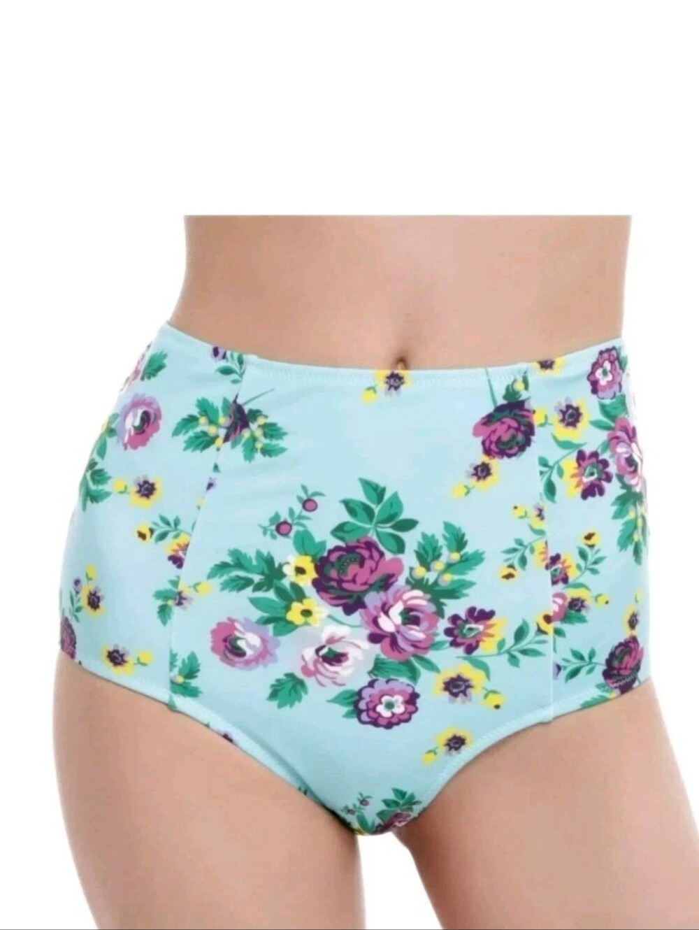 New Hell Bunny Vixen Turquoise Floral Swim Bottoms High Waisted Womens Size XL